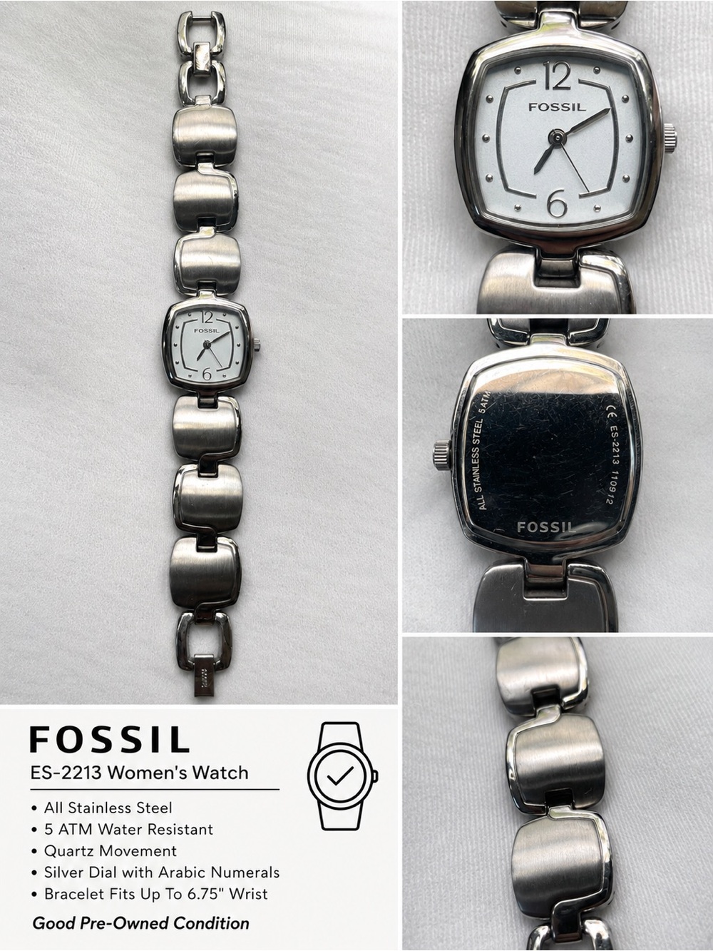 Vintage Fossil ES-2213 Women’s Stainless Steel Bracelet Watch Silver Tone